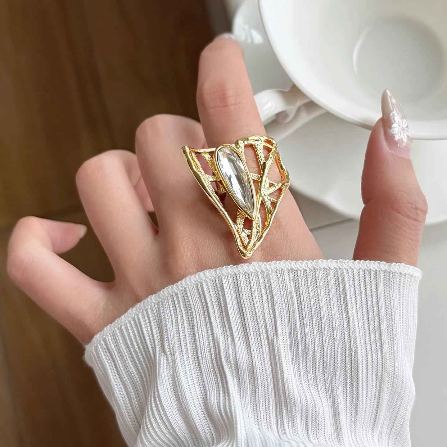 Oversized Hollow Triangular Open Ring Textured Metal Frame Marquise Crystal Adjustable Wide Band Bold Statement Ring For Women