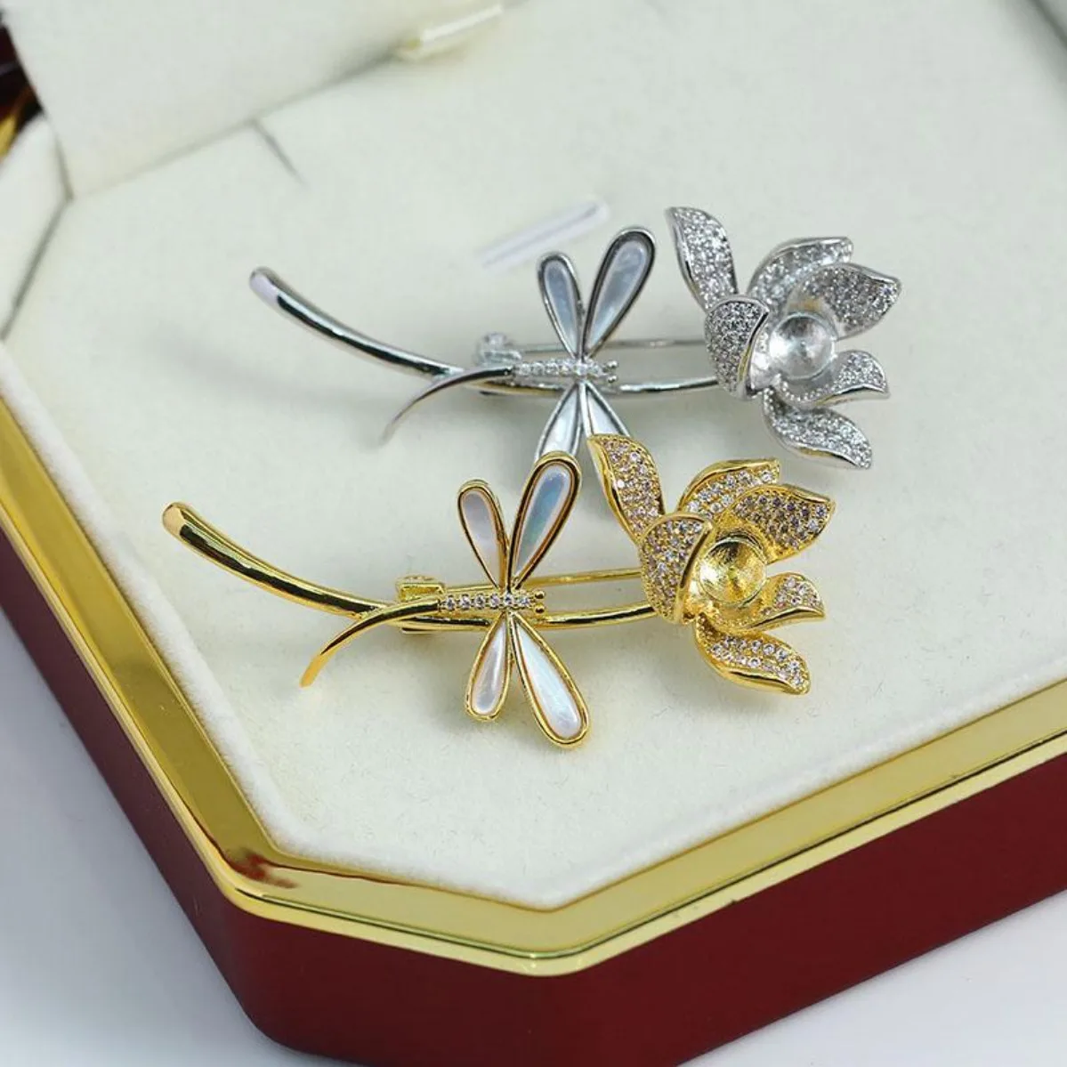 Brass Gold Plated Dragonfly Lotus Brooch Setting, Zircon Inlaid Pin, DIY Pearl Corsage Jewelry Making Supply