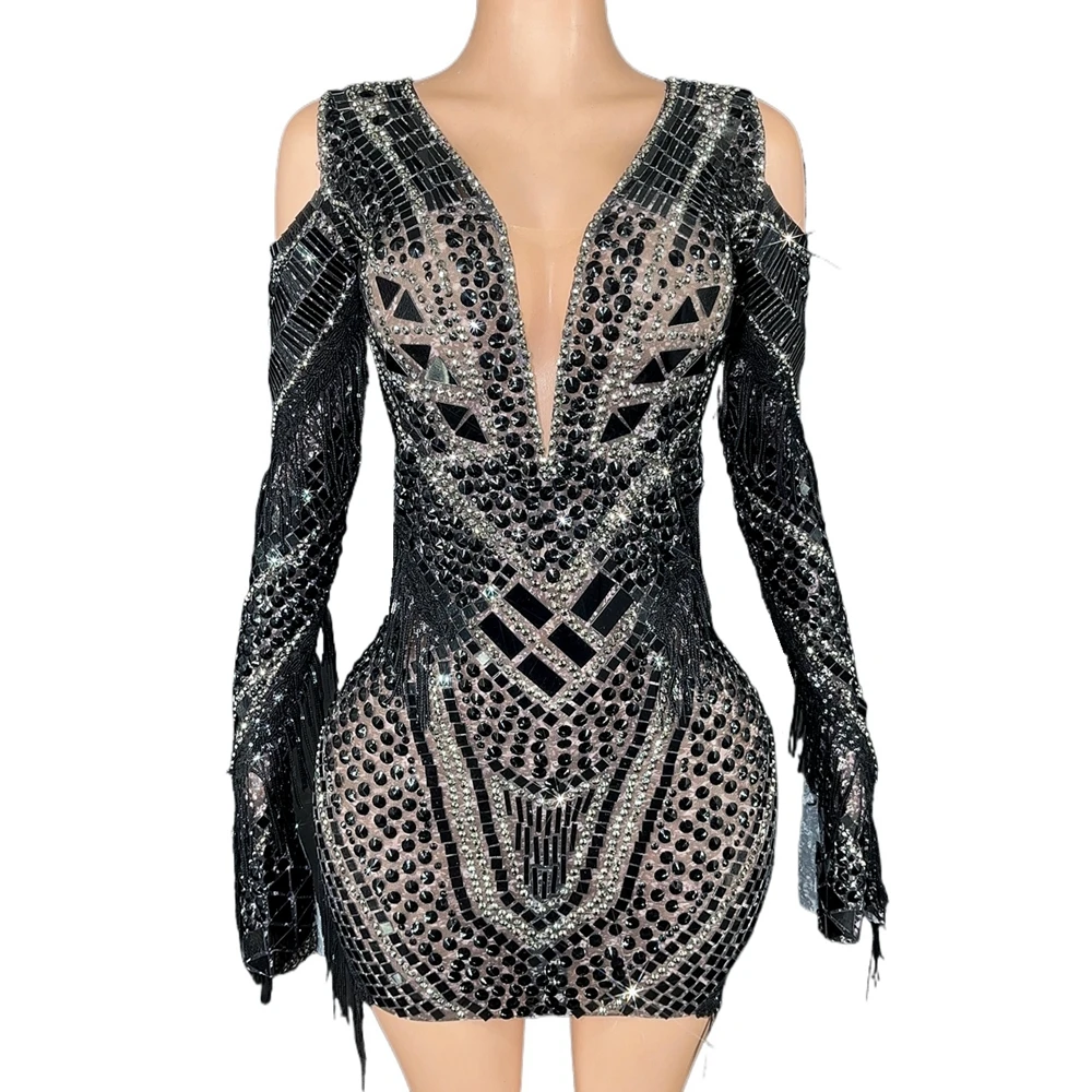 

Sparkly Rhinestones Mirrors Sequins Tassels Short Dress for Women Sexy Mesh Evening Prom Birthday Dress Performance Stage Wear