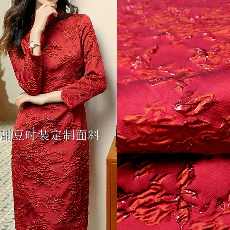 Gold Silk Brocade Jacquard Fabric Rose Yarn Dyed Dress Trench Coat Fashion European Brand Design Sewing Wholesale Cloth by Meter