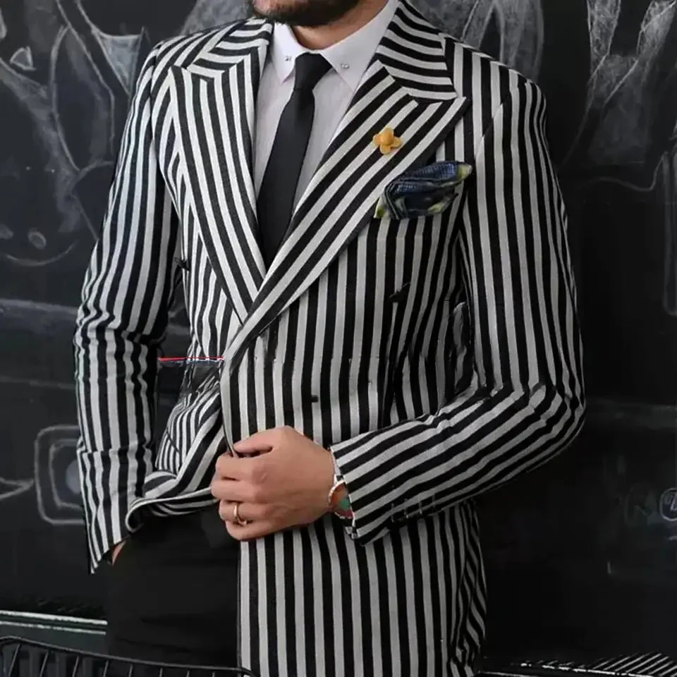 Luxury Men\'s Suits Blazer Black White Stripe Double Breasted Peaked Lapel Elegant 2 Piece Jacket Pants Slim Fit Tailor Clothing