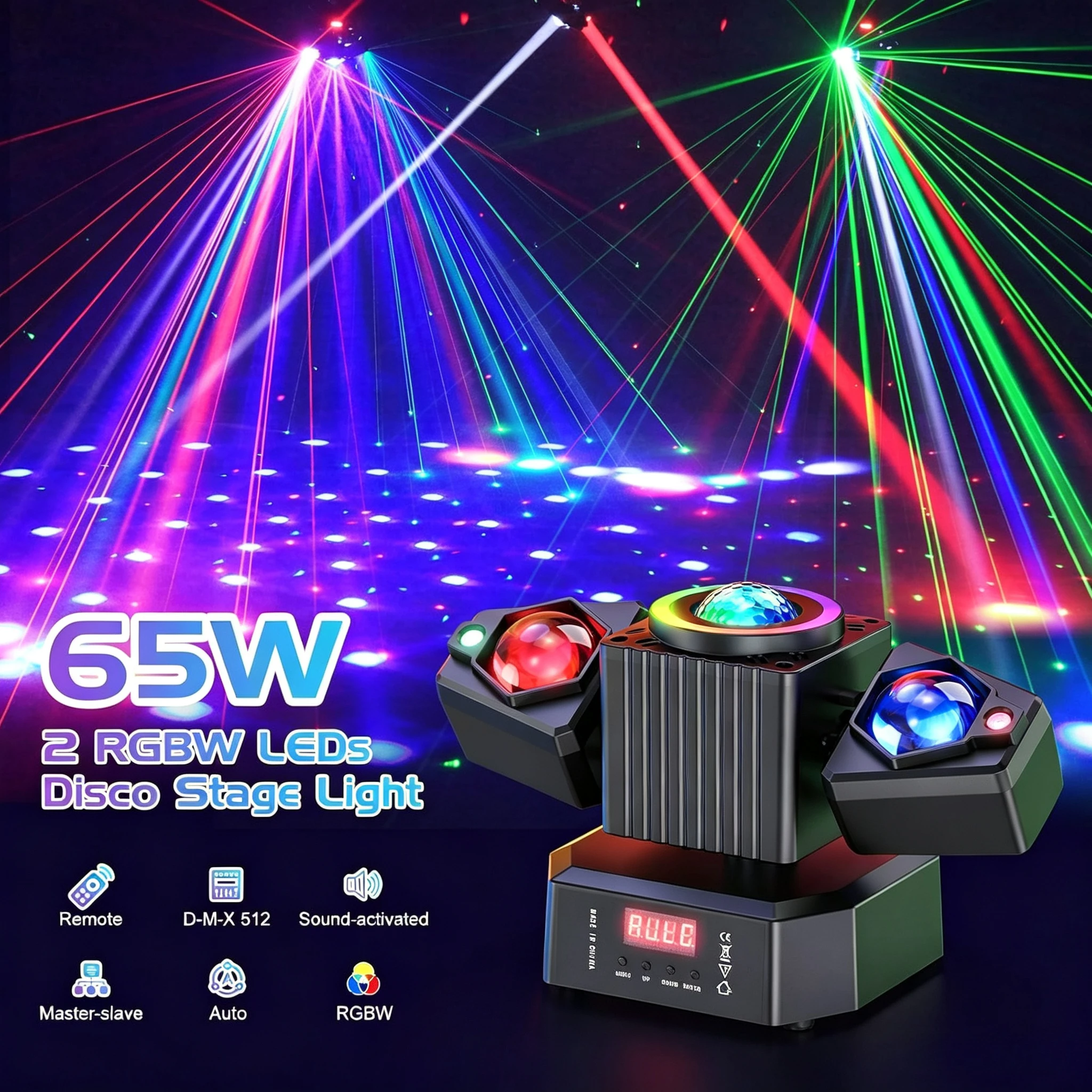DJ Stage Light RGBW 4 in 1 Lighting Effect DMX512 Self Propelled Voice Controlled Master Slave Mode Control for Parties Concerts