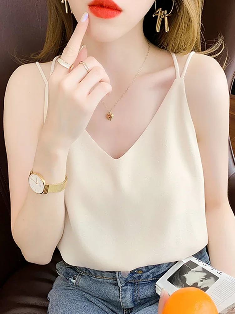 Sexy V Neck Halter Strap Women Camis Silk Cross Backless Top Solid Crop Satin Tank Tops Female Underwear Vest Camisole