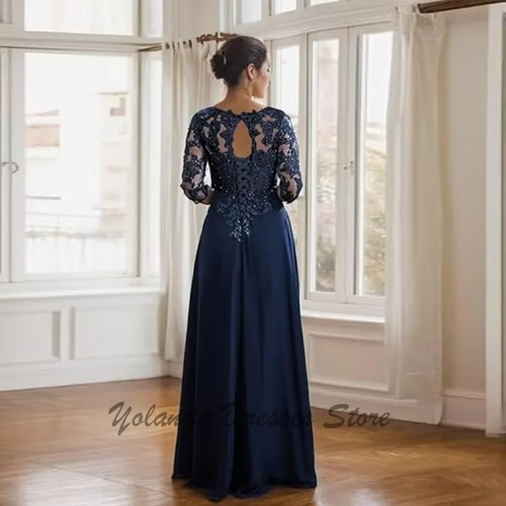 Vestidos para madre de la novia con cuello en V, moda personalizada, mangas 1/2, vestido Formal de gasa con apliques de encaje, vestido de noche con cremallera en la espalda