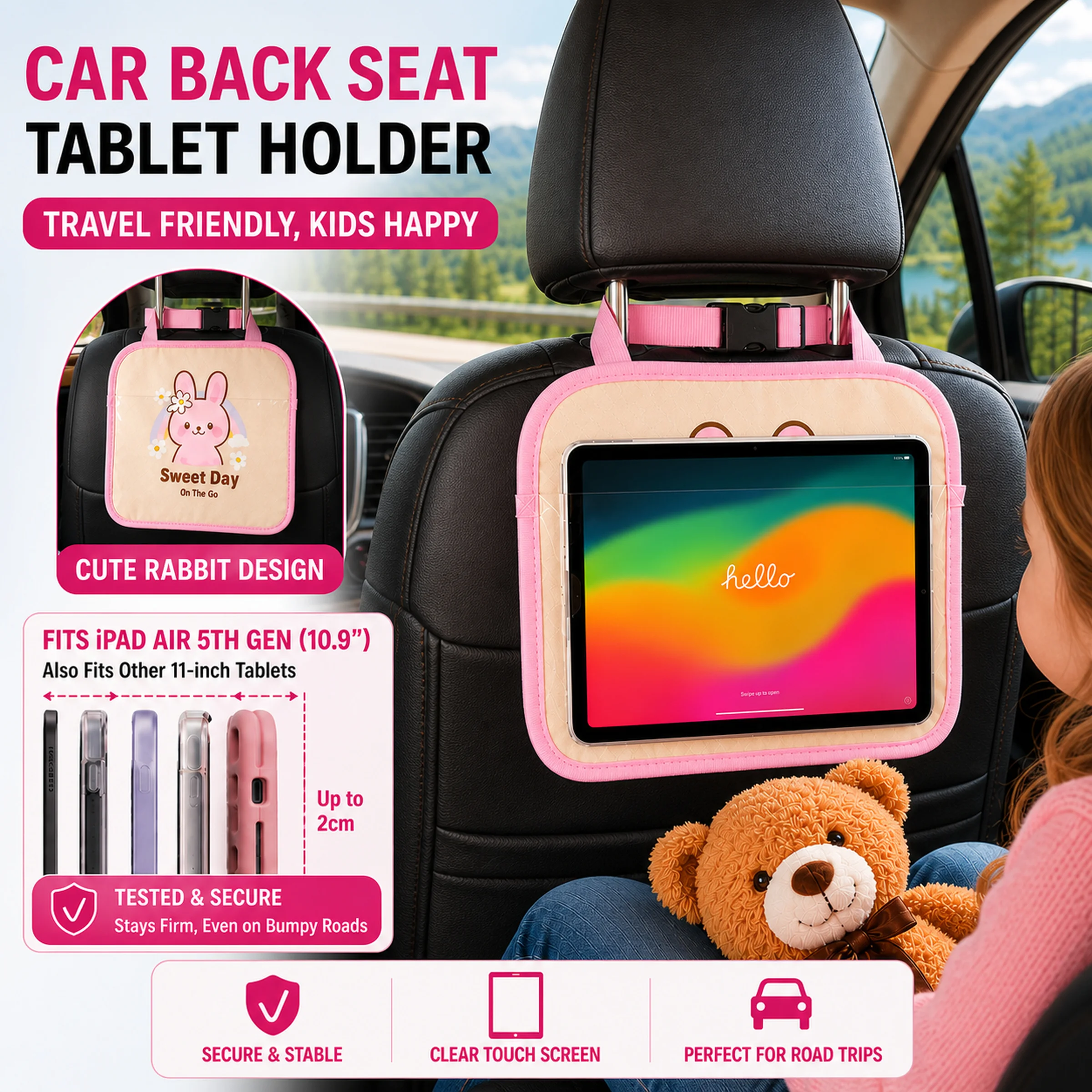 1 Pack Kids Car Backseat iPad Holder – Hands-Free Tablet Mount with Touchscreen Pockets for Healthy Viewing and Travel Entertain