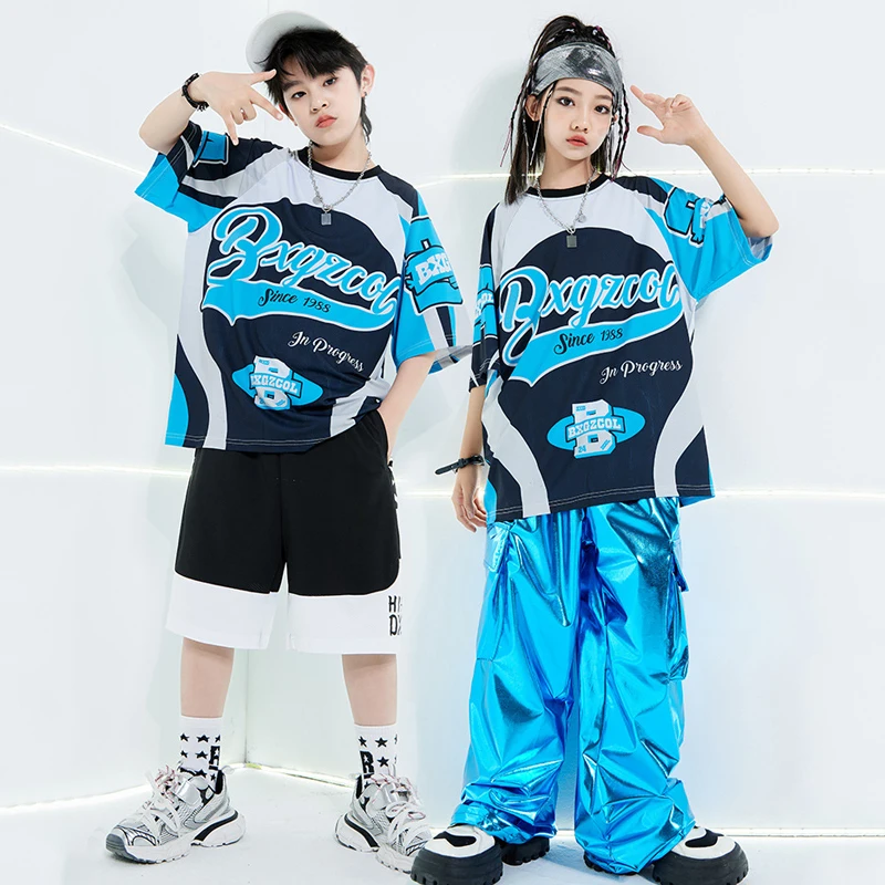 

Girls Boys Jazz Dance Costumes Short Sleeves Top Laser Pants Kids Hip Hop Clothing Kpop Outfit Ballroom Dancewear SL10514