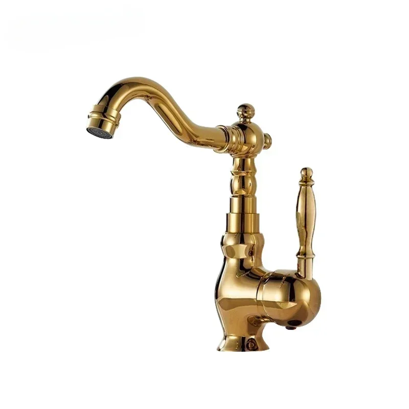 French Vintage Pull Out Faucet Bathroom Gold Ceramic Handle 360 Hot & Cold Splashproof Faucet