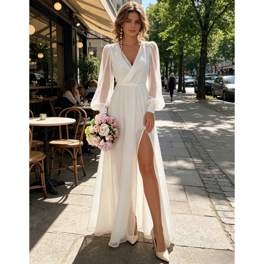 Customized Bohemian Chiffon Beach Wedding Dresses V-neck Transparent Lace Puff Sleeve High Seam Tight Corset Back Bridal Gown