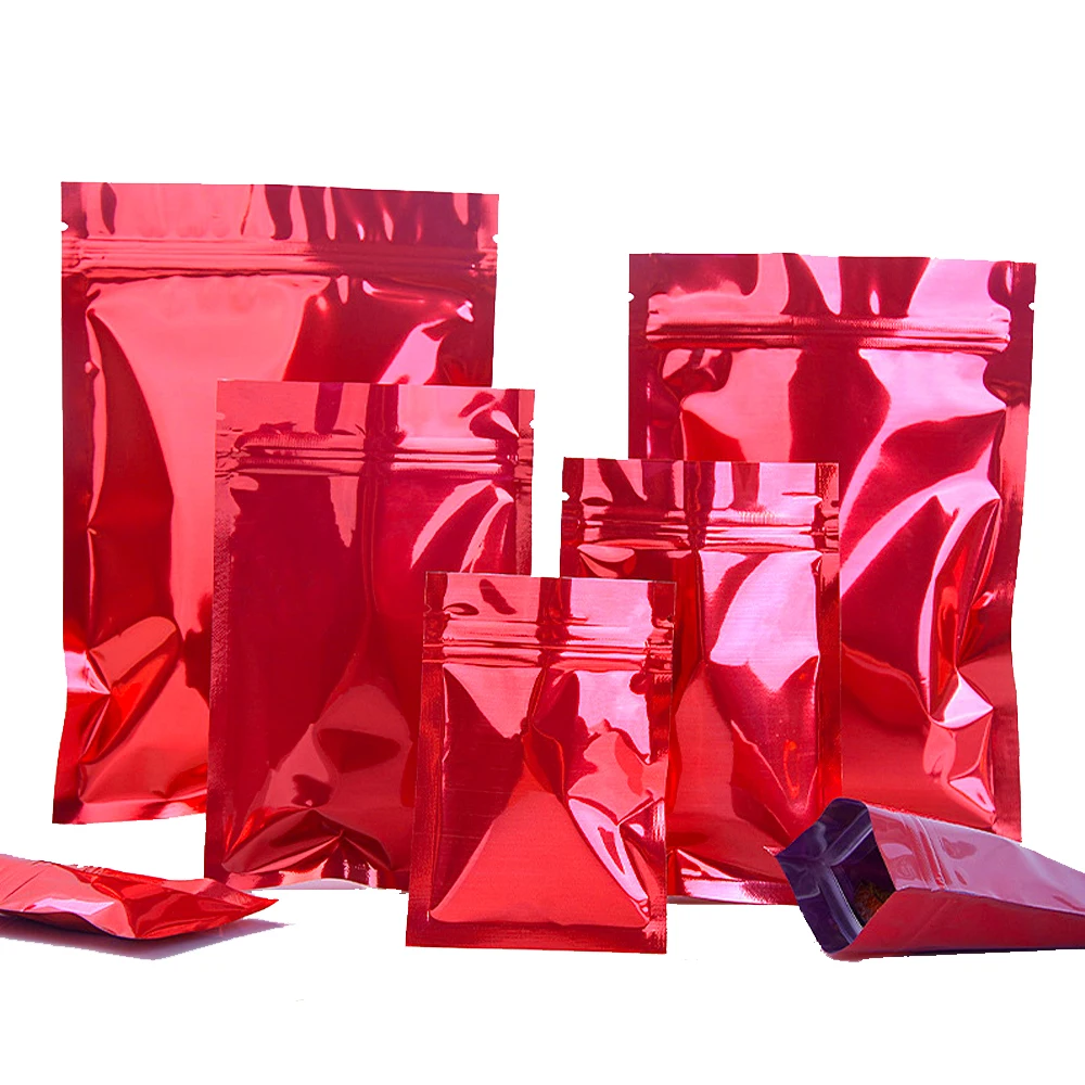 100Pcs Self Grip Seal Tear Notch Resealable Food Coffee Bean Snack Chocolate Pack Pouches Glossy Red Aluminum Foil Zip Lock Bag