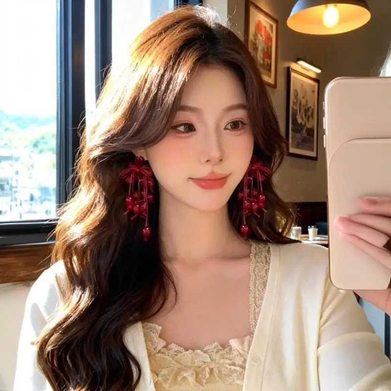 Statement Lucky Red Earrings Personality Big Ribbon Knot Tassel Long Drop Earings Jewelry For Women Korean Style