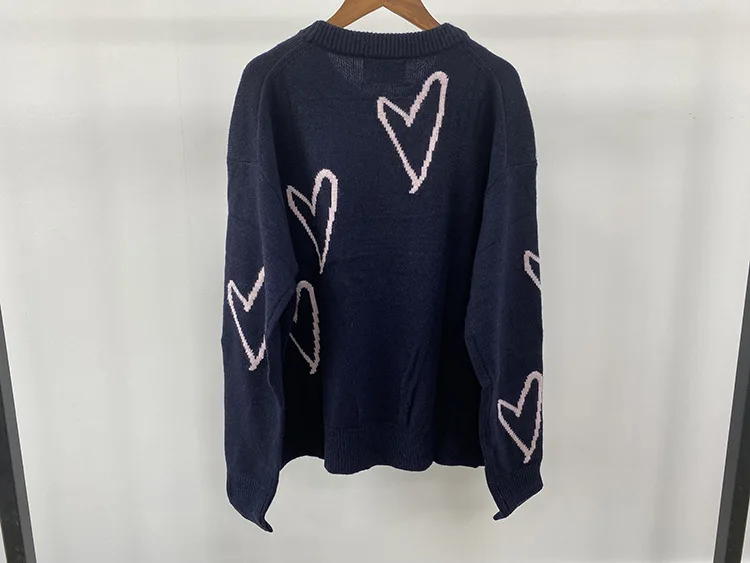 Cashmere Pullover Female Loose Navy Blue Sweaters Women Casual Crew Neck Sweater Fashion Love Pattern Winter Knitwear Tops