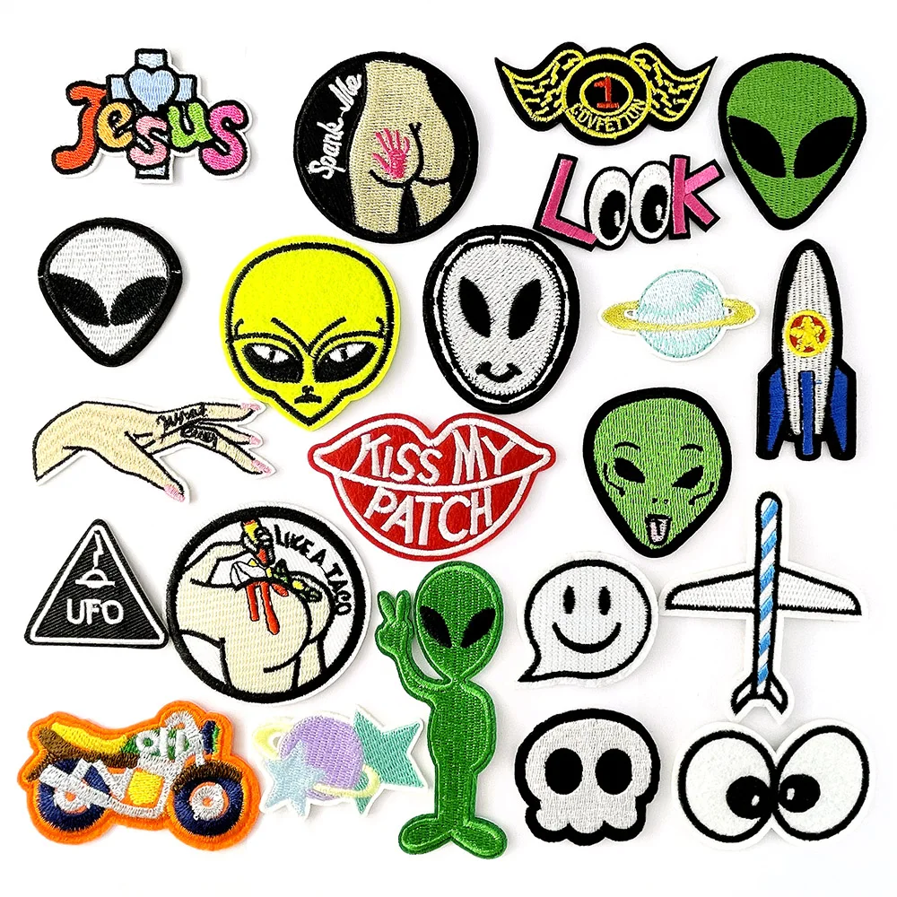 Alien Jesus Look Patches for Clothing Embroidery Badges for T-Shirt Iron on Appliques Transfers Clothes Jeans Sewing Stickers