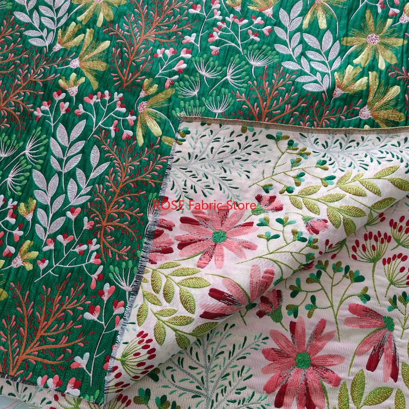 Colorful Green Flower Embroidery Jacquard Fabric, For performance costumes, fashion, sofa pillows, cushions DIY fabrics