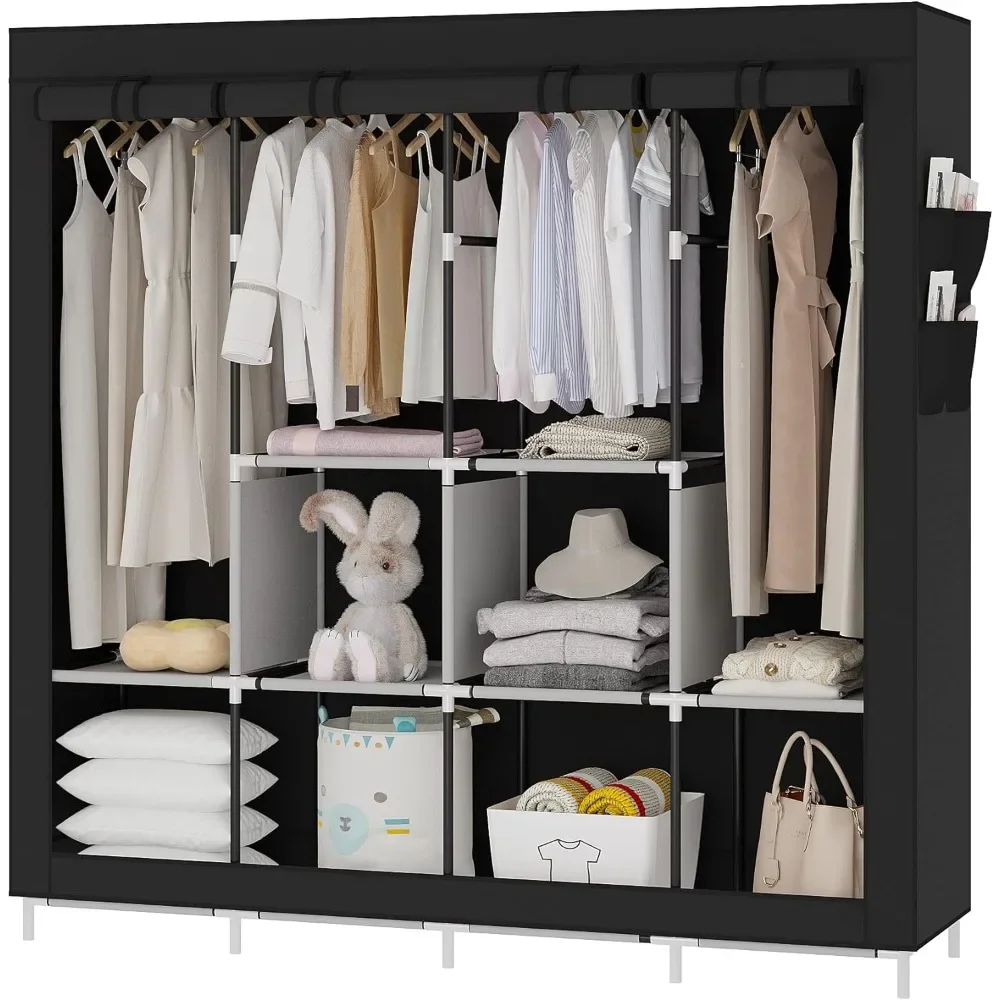 Portable Closet Large Wardrobe Closet Clothes Organizer with 6 Storage Shelves, 4 Hanging Sections 4 Side Pockets