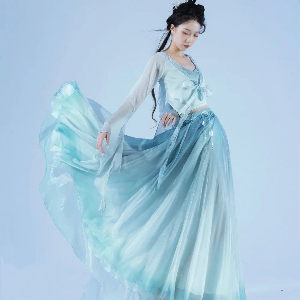 Classical dance costume for women new style flowing and ethereal blue gradient chiffon dress with large skirt for performance