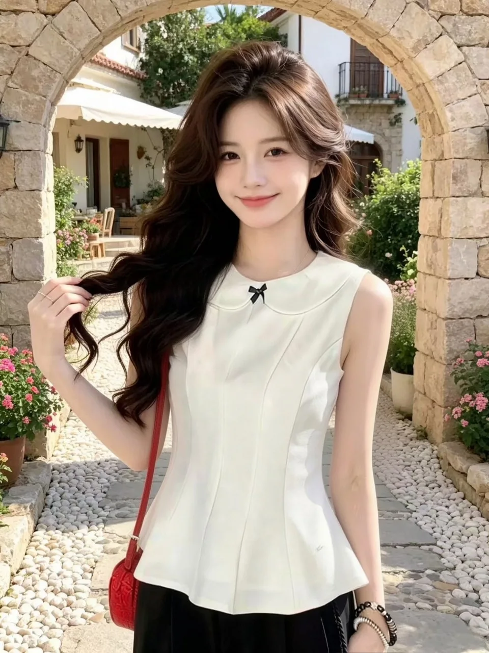 

White Bowknot Doll Collar Vest Top Women's Summer New Design Slimming Sleeveless Shirt Korean Style Citywalk Fashion