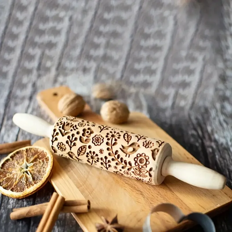 

Christmas Rolling Pin With Bird Flower Print Patterns Wooden Embossed 3D Cookie Mold Laser Engraved DIY Baking Tool Dough Roller