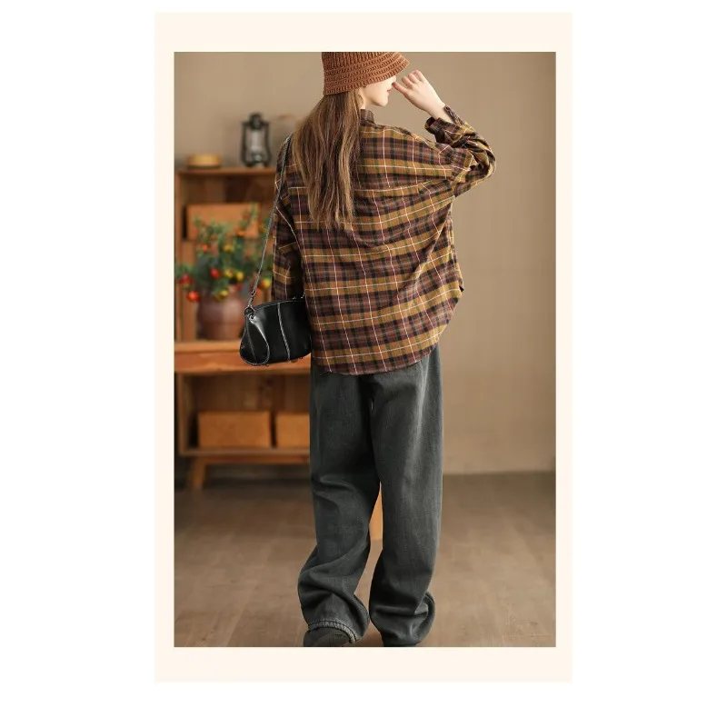 Retro Plaid Long Sleeve Shirt Women's Spring and Autumn Lapel Contrast Color Top