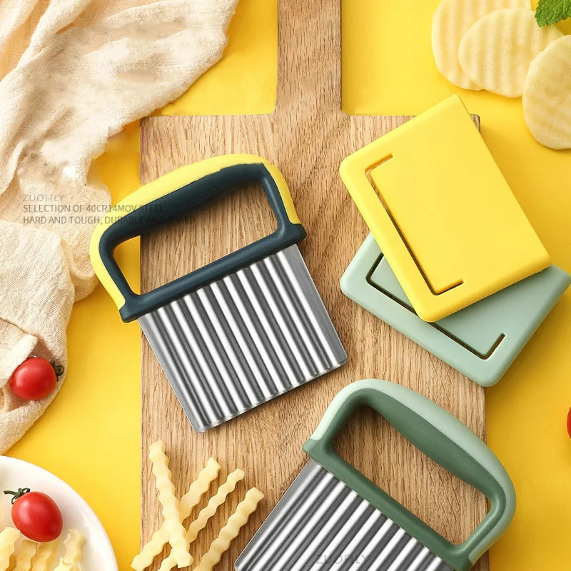 Stainless Steel Potato Wavy Edged Knife French Fry Slicer Potato Crinkle Cutter withProtective Case Fruit Vegetable Wavy Chopper