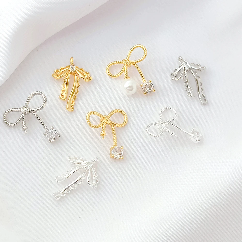 4 Pieces 14K Gold Package Zircon Inlay Lace Bow Pendant DIY Jewelry Making Necklace, Bracelet, Clothing Accessories Materials