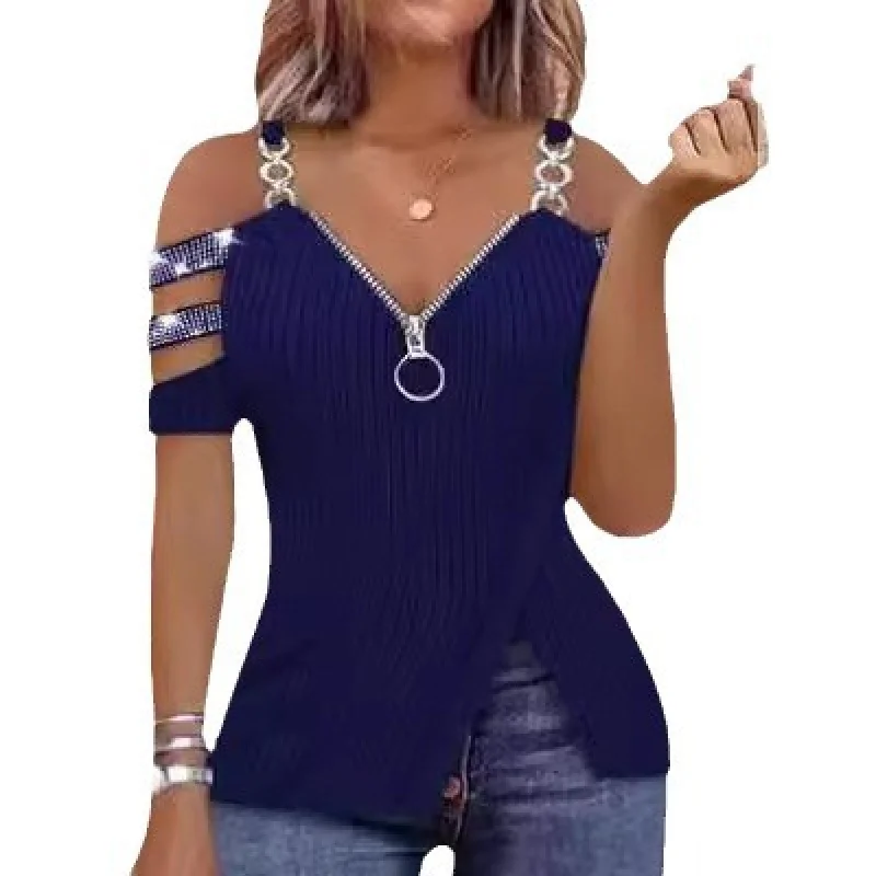 2023Europe and America Cross Border Hot DrillingVCOLLAR off-the-Shoulder Metal Strap Zipper Raglan Sleeve VestTT-shirt Sunken St