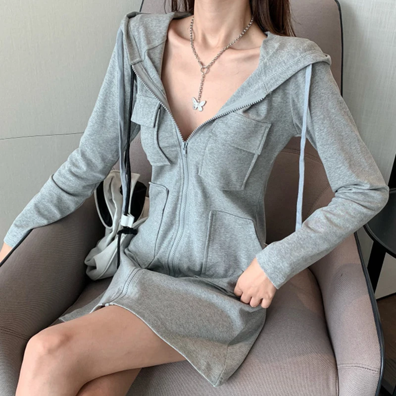 Spring Autumn Solid Color Hooded Slim Fit Dresses Women Elegant Sexy Long Sleeved Cardigan Short Frocks Casual Sports Vestidos