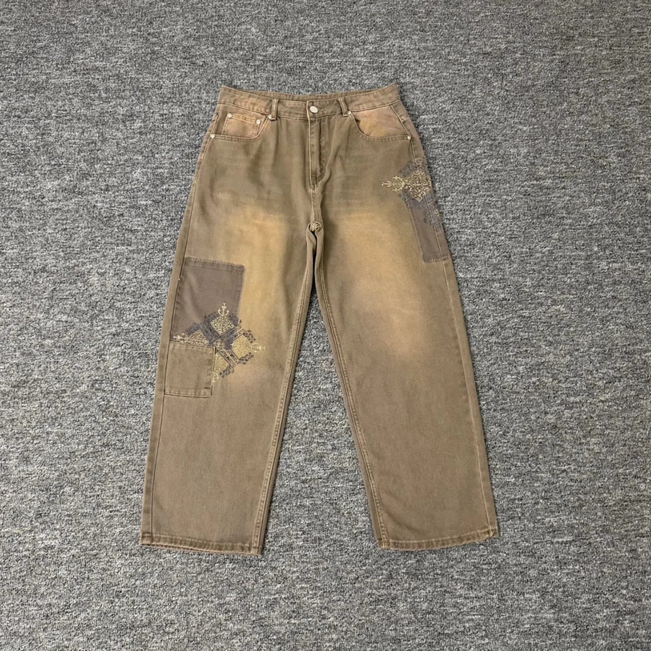 Retro American Washed Patchwork Embroidered Straight Leg Jeans High Street Loose Casual Long Trousers Unisex Trendy