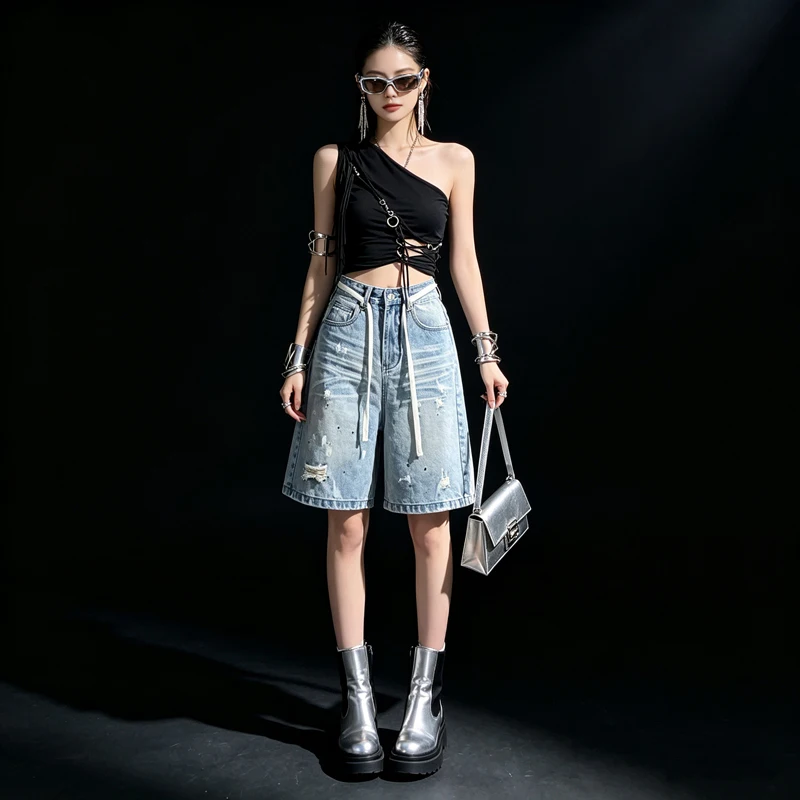 2026 Summer High Waist Loose Five Points Distressed Ripped Denim Shorts Women Bleach Stripe Drawstring Street Pants view 5