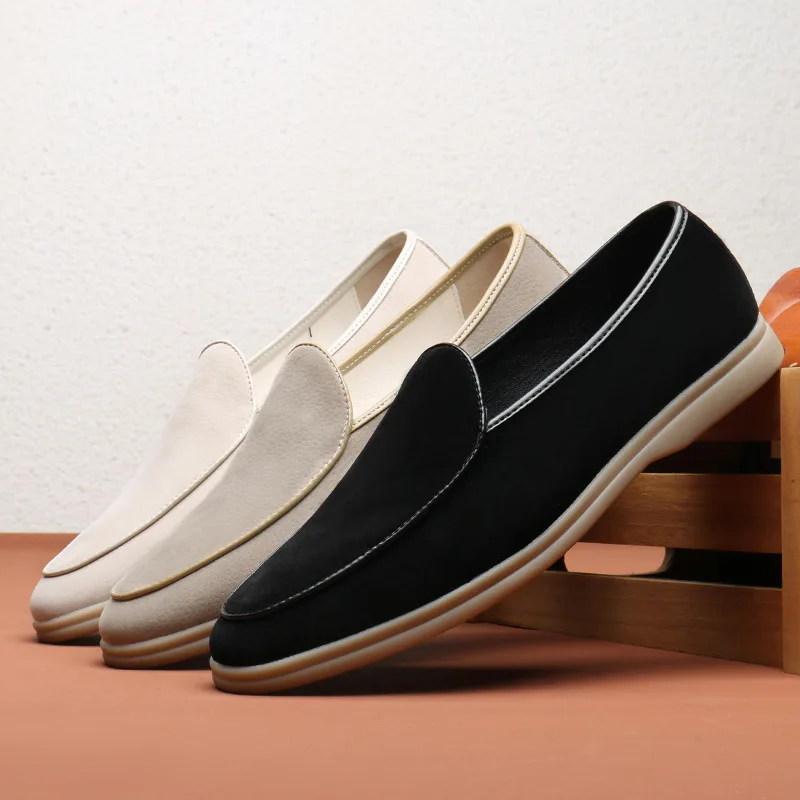 Fashion Trends Mens Black Loafers Shoes Suede Slip on Casual Dress Man’s Shoes Wedding Office White Leather Shoes High-end