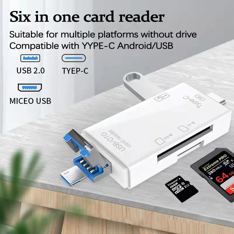 قارئ بطاقات UTHAI متعدد الوظائف من النوع C ، TFT ، SD ، محول USB ، كمبيوتر ، هاتف ، OTG ، TF3 ، 6 في 1