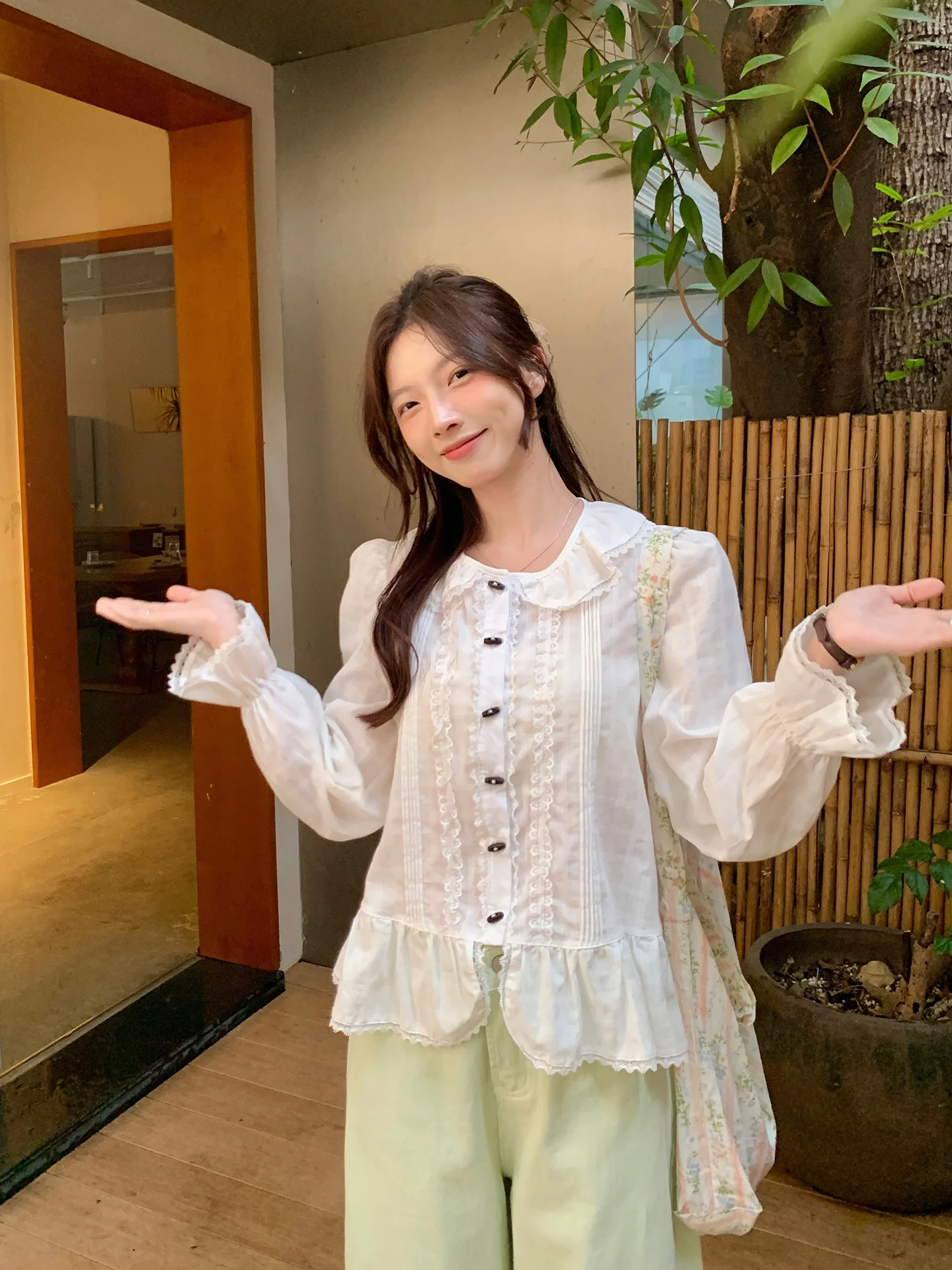 

Женская блузка с кружевным воротником Cheese Rabbit, белая, весна 2026, новая, в нежном стиле, из чистого хлопка, с длинным рукавом, свободного кроя