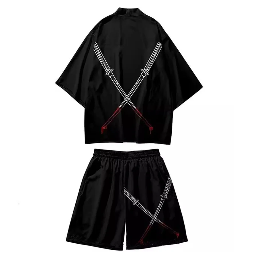 

Two-piece Suit Double Sword Demon Print Japanese Style Fashion Kimono And Shorts Set Men Cardigan Blouse Haori Obi Asian Clothes