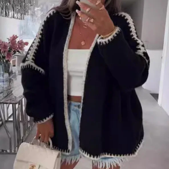 

Fashion Solid Knit Sweater Coat For Women CasualLong Sleeve V Neck Loose Sweaters Lady HolidayWomens Clothing Autumn Winter