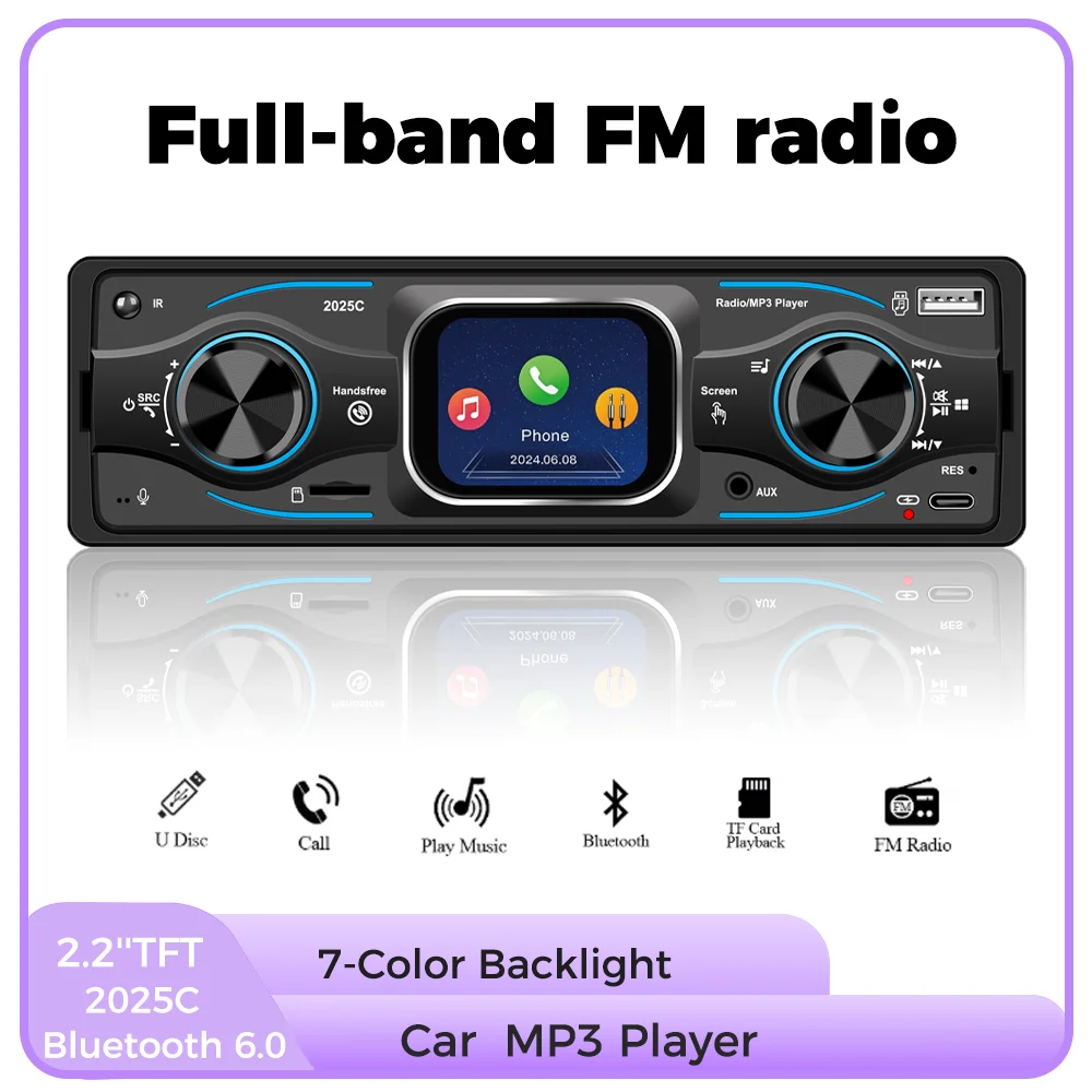 Incell Single Din Car Stereo 2.2 Inch Touch Screen, Bluetooth 6.0 Full Band FM Radio, USB AUX Type-C TF Card, 7 Color Lights