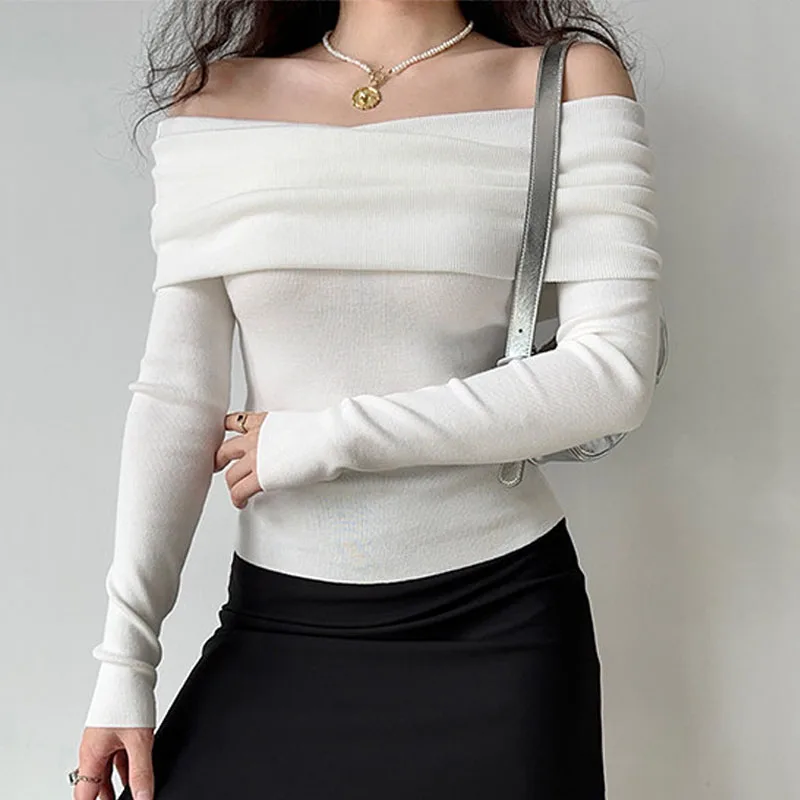 

Sweaters Slim White Knitted Sweater Women Pullovers New Long Sleeve Slash Neck Knit Sweater Pullover Women Tops Knitwears Q3057