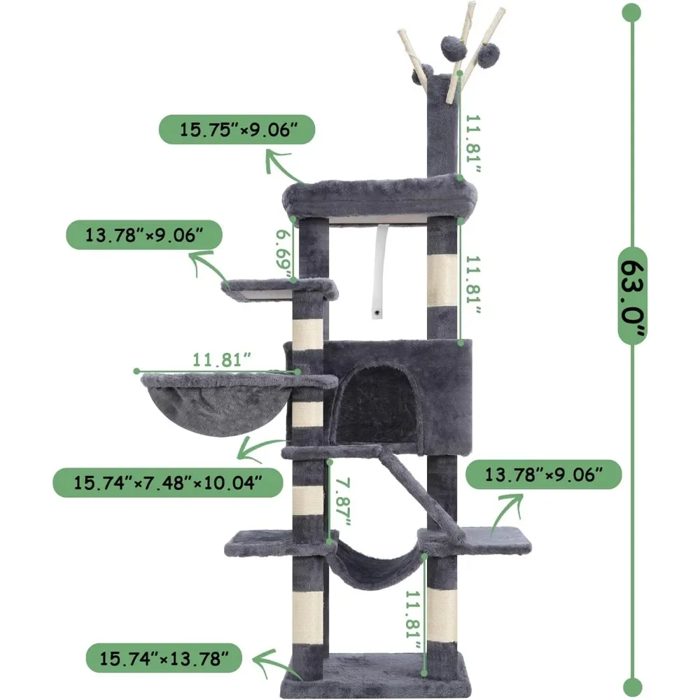 

Cat Tree, 63 inch Multi-Level Cats Tower for Indoor Cats, Cats Condo with Cat Scratching Post and Board, Cat Hammock, Smoky Gray