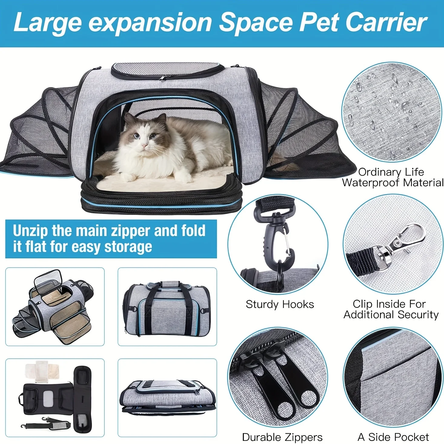 

4-Way Expandable Pet Carrier, Airline Approved Foldable Cat Soft Side Carrier with Removable Fleece Pad for Cats, Puppies, Small