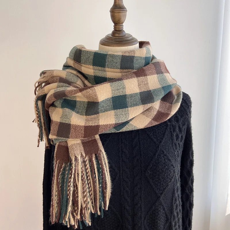 2023 Pamwallymensa Women\'s Scarf Winter Luxury Brand Tippet Scarves for Ladies Plaid Shawls Warm British Style Thicken Man