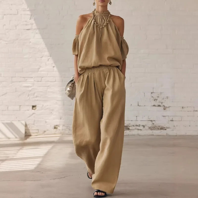 

Elegant Off Shoulder Solid color Short Sleeve Loose Top High Waist Wide Leg Pants Outfit Hanging Neck High waist sports 2pcs set