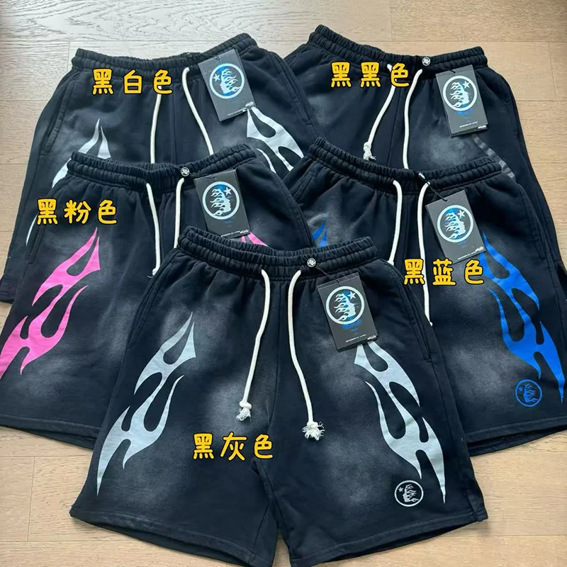 QICHE European American Men Hell Star Flame Print Washed Vintage Five Points Shorts Casual Summer Street Bottoms