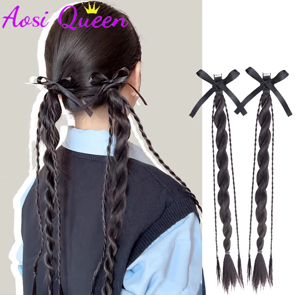 AOSI Synthetic Braided Twist Braids Claw Clip Ponytail Hair Extension Natural Black Wig Long Ponytail Hair Women's Wig