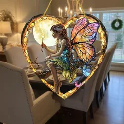 2025 1pcs Magical Fairy Magic Night Fairy Suncatcher Stained Glass Acrylic Heart Wall Hanging Home And Garden Outdoor Decorative