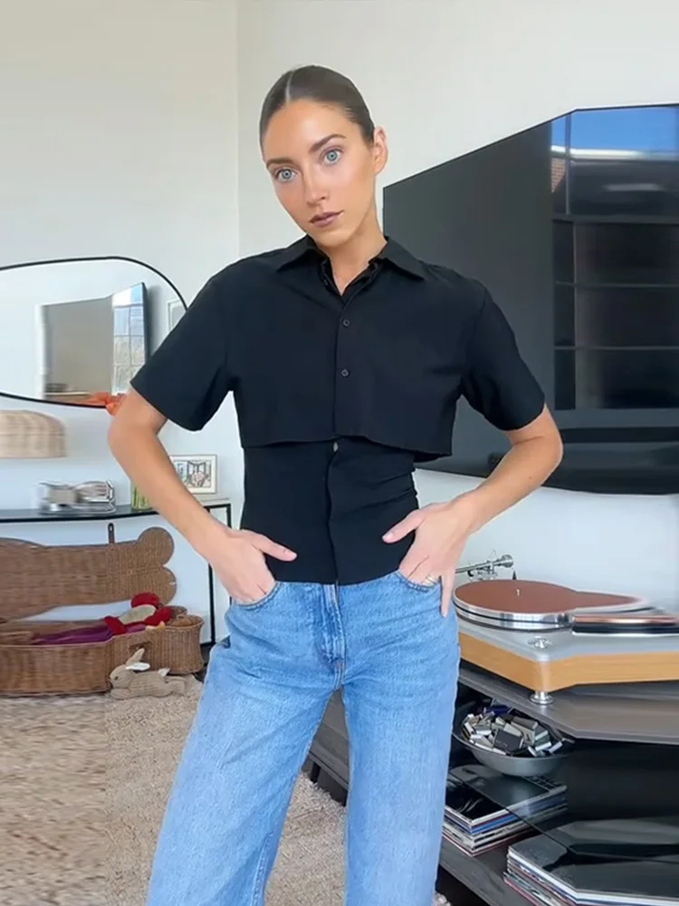 

Patchwork Blouse Women Black Casual Single Breasted Lapel Short Sleeves Shirt Lady 2025 Summer New Chic All-matching Feamle Tops