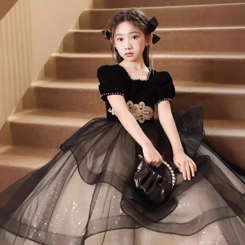 

Girls' Evening 2025 New Fashion Birthday Princess Dress Black Children's Host Piano Performance Costume