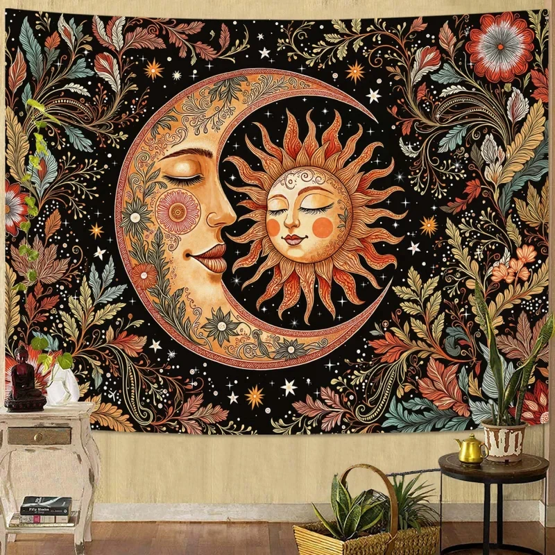VIKAMA Wandteppich mit Blumenmuster, Sonne und Mond, Wandbehang für Schlafzimmer, Wohnheim, Wohnzimmer, Boho- und himmlische Heimdekoration