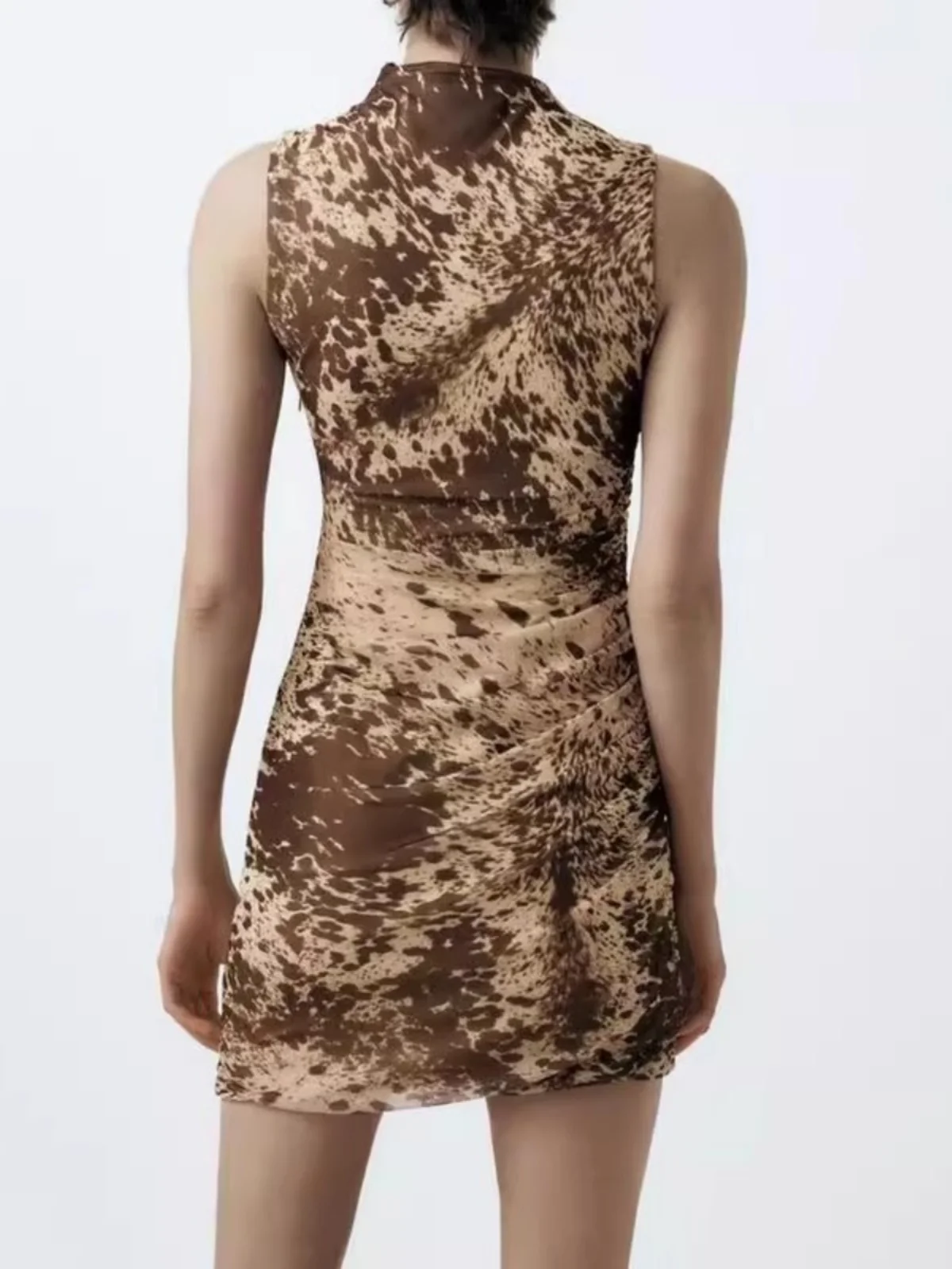 Wiosna 2025 Nowa Damska Dopasowana Spódnica z Jedwabnej Siateczki w Leopardzi Wzór ze Zwierzęcym Motywem, Okrągły Dekolt, Krój A-Line