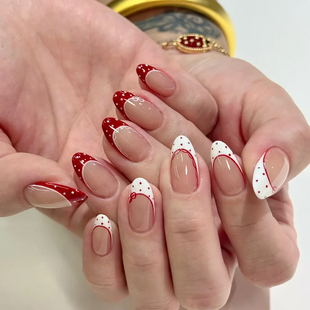 

24PCS Simple Red White Polka Dots French Stick on False Nails Sweet Lace Almond Fake Nails for Girls Women Fashionable Manicure
