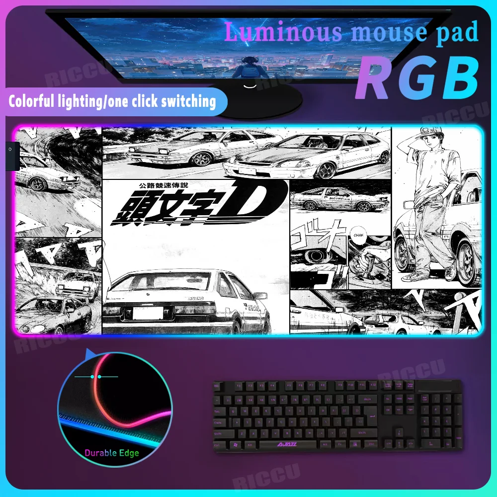 

Initial D Mousepads RGB Keyboard Mat Lighting mause XL carpet Backlight Mousepad Colorful glow Black White Art HD Large Mousepad