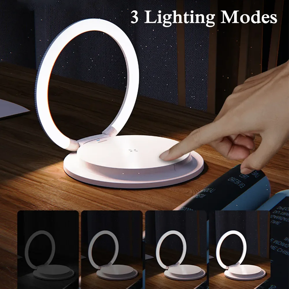 Carregamento sem fio LED Night Light, lâmpada de cabeceira dobrável, mesa luz, suporte do telefone portátil, holofote, 3 modos, 15W