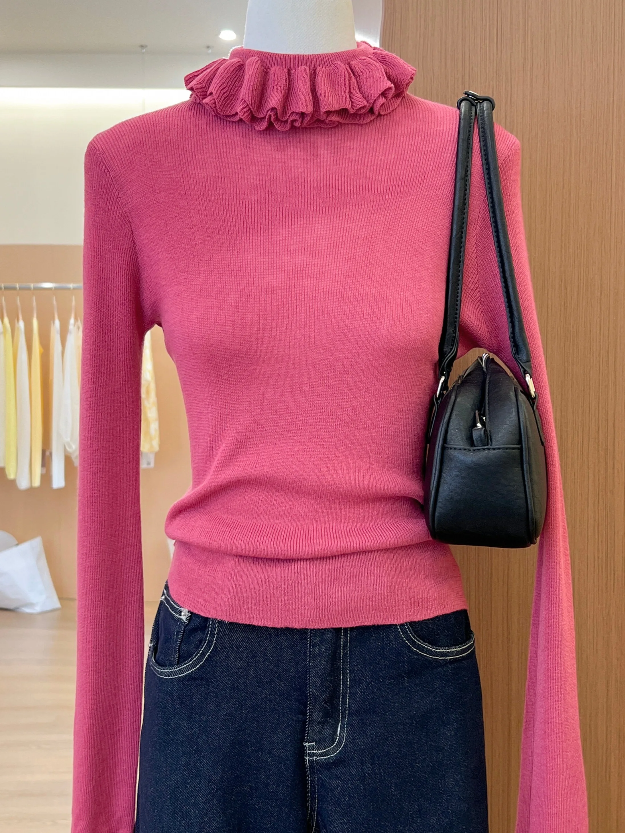 

Элитная женская трикотажная базовая кофта с длинным рукавом, весна 2026, с цветочным кружевным воротником, для повседневной носки, из мягкого вискозного волокна